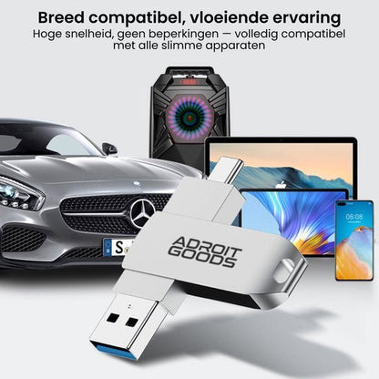 Witte AdroitGoods USB-stick met meerdere aansluitingen voor diverse apparaten zoals auto en smartphone