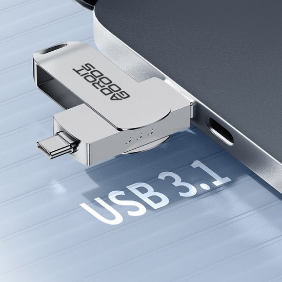 Zilverkleurige USB-stick met type-C aansluiting en USB 3.1 geschikt voor snelle dataoverdracht
