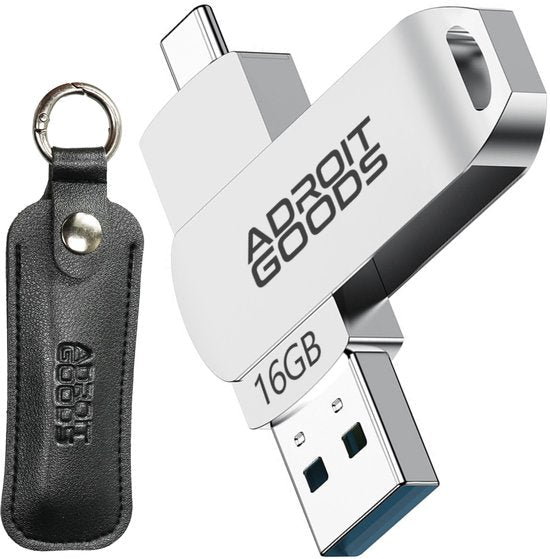 USB-stick met 16GB opslag en leren hoesje met metalen sleutelring van AdroitGoods
