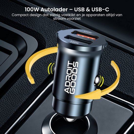 Zwarte AdroitGoods auto oplader met USB en USB-C poorten voor snel opladen