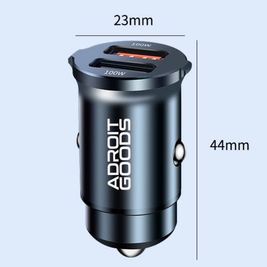 Zwarte AdroitGoods autolader met twee USB-poorten en afmetingen 23mm bij 44mm