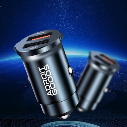 Zwarte dubbele USB-autolader met AdroitGoods-logo en 100W snellaadfuncties