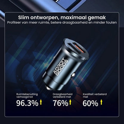 Slanke zwarte autolader met AdroitGoods logo en verbeterde draagbaarheid en kwaliteit percentages