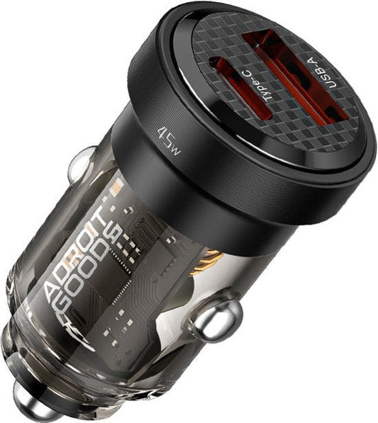 Zwarte autolader met transparante behuizing en twee poorten, USB-A en Type-C, 45W vermogen