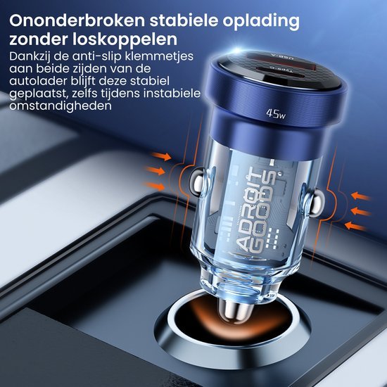 Blauwe AdroitGoods autolader met anti-slip klemmen voor stabiele en ononderbroken oplading