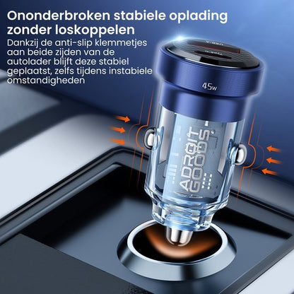 Blauwe AdroitGoods autolader met anti-slip klemmen voor stabiele en ononderbroken oplading
