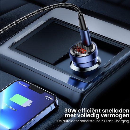 usb-autolader met blauw metallic ontwerp in auto met snelladende telefoon zichtbaar