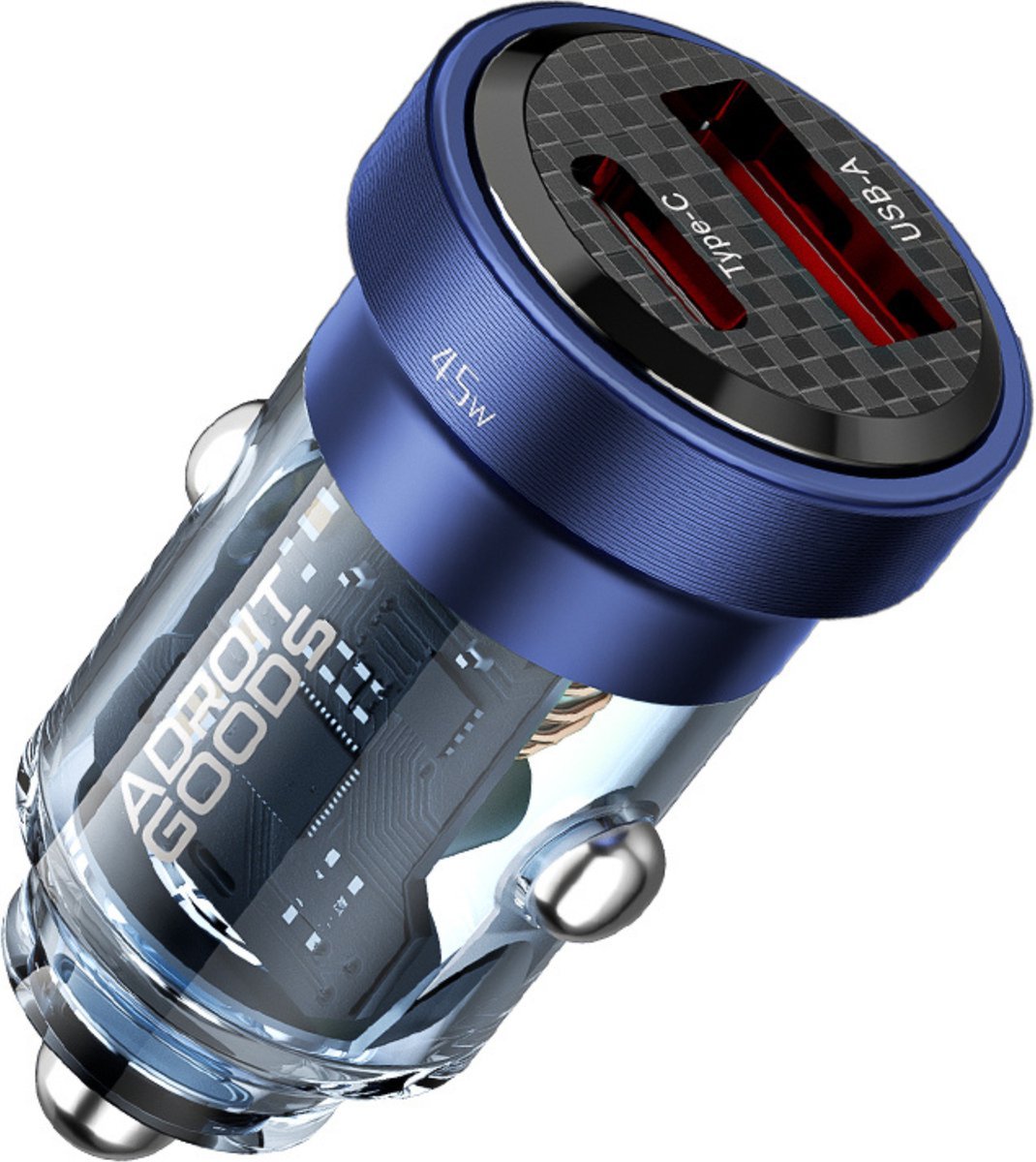 blauwe autolader met twee poorten type c en usb-a en transparante behuizing