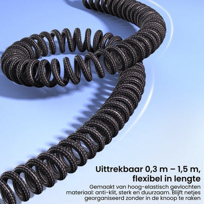 Flexibele, uitrekbare zwarte spiraalslang van hoog-elastisch gevlochten materiaal.