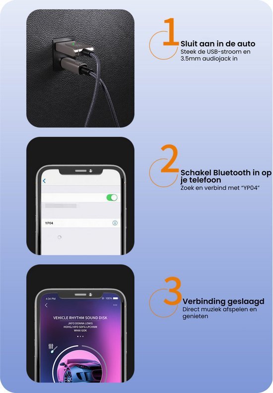 Handleiding met drie stappen voor het verbinden van een apparaat met Bluetooth en USB in de auto