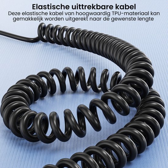 Zwarte elastische uitrekbare kabel van hoogwaardig TPU-materiaal, uitrekbaar naar gewenste lengte.