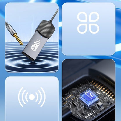 Close-up van een adapter met audiojack, draadloze symbolen en een chip met Bluetooth 5.0 logo