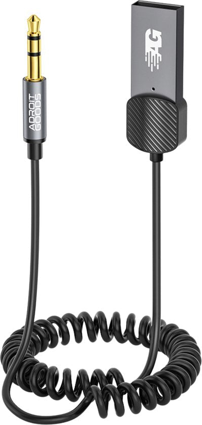 zwart spiraalvormig audiokabel met gouden 3,5 mm stekker en metalen connectoren