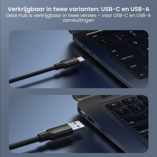 Twee close-up beelden van een laptop met een USB-C- en een USB-A-kabel aangesloten in poorten