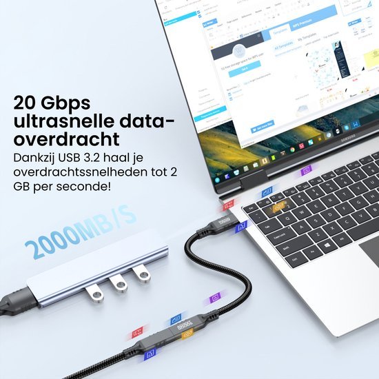 Laptop met aangesloten USB-hub en kabels die ultrasnelle dataoverdracht illustreren