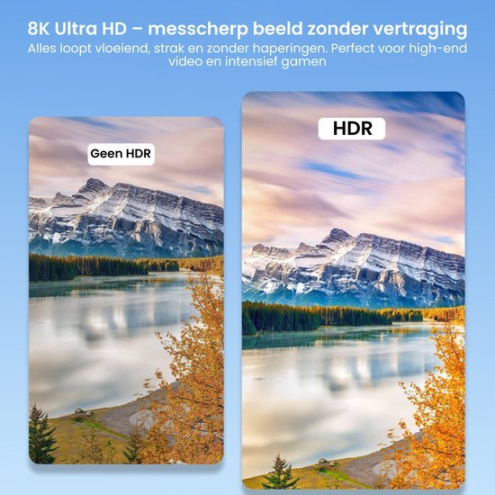 Vergelijking tussen beeld zonder HDR en met HDR, helder landschap met bergen en meerzicht