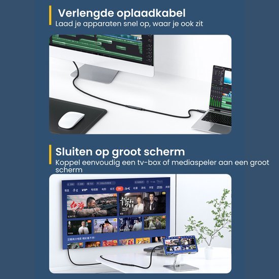 Verlengde oplaadkabel op bureau en mobiel verbonden met groot scherm in moderne ruimte