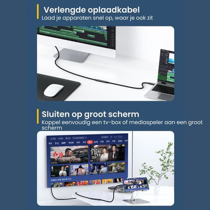 Verlengde oplaadkabel op bureau en mobiel verbonden met groot scherm in moderne ruimte