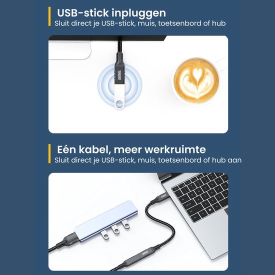 USB-stick en meerdere apparaten aangesloten op laptop via één kabel en hub