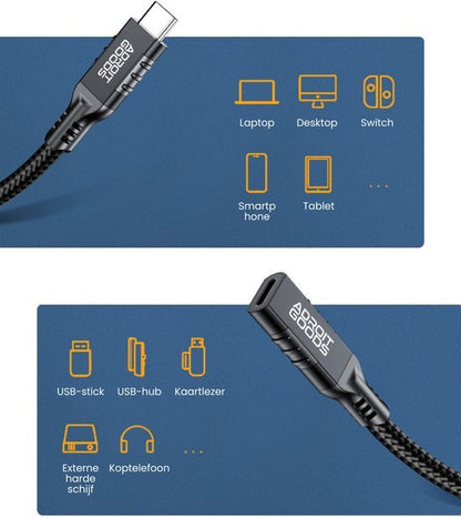 Zwarte gevlochten kabeladapter geschikt voor laptop, desktop, smartphone, tablet en externe apparaten.