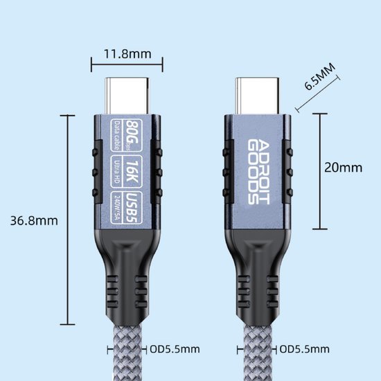 USB-C kabel met gevlochten buitenlaag en afmetingen vermeld vanaf beide uiteinden