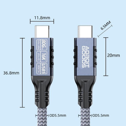 USB-C kabel met gevlochten buitenlaag en afmetingen vermeld vanaf beide uiteinden