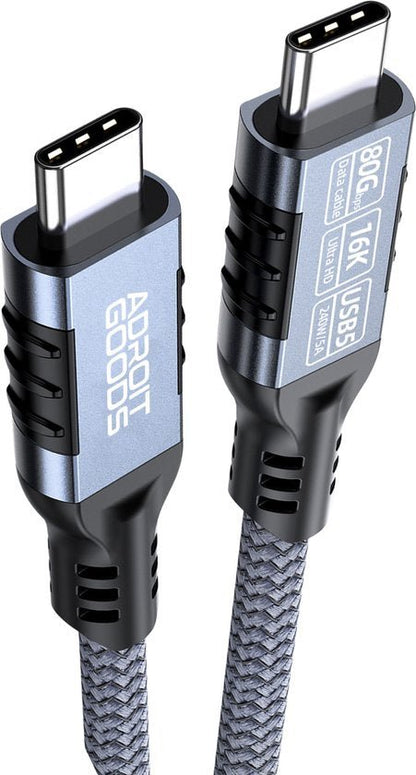 grijs gevlochten usb-c kabel met metalen connectoren en duurzame grip van adroit goods