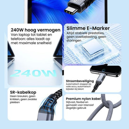 USB-C kabel met 240W vermogen, slimme E-Marker, stroombeveiliging en duurzaam nylon ontwerp