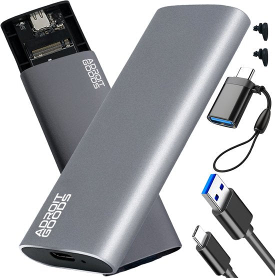 grijze aluminium behuizing met USB-C en accessoires voor gegevensoverdracht en opladen