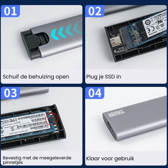 Vierstaps handleiding voor het installeren van een SSD in een metalen externe behuizing