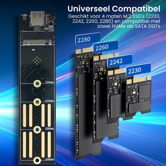 Afbeelding van universele M.2 SSD adapter geschikt voor verschillende maten en typen schijven