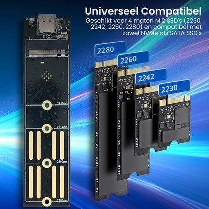 Afbeelding van universele M.2 SSD adapter geschikt voor verschillende maten en typen schijven