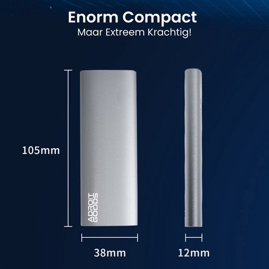 Compact zilverkleurig apparaat met maten 105mm bij 38mm bij 12mm en moderne vormgeving