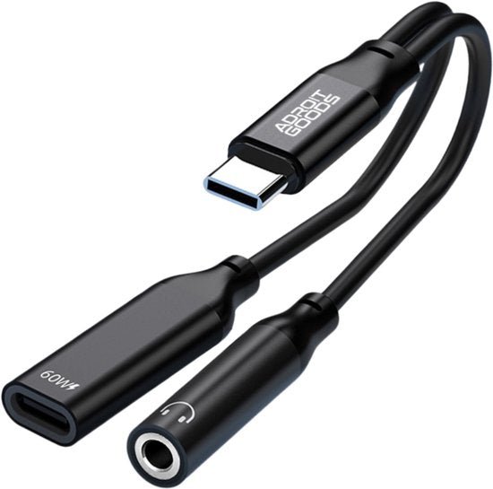 Zwarte AdroitGoods kabel met USB-C naar USB-C en 3,5 mm audio aansluiting, 60W vermogen