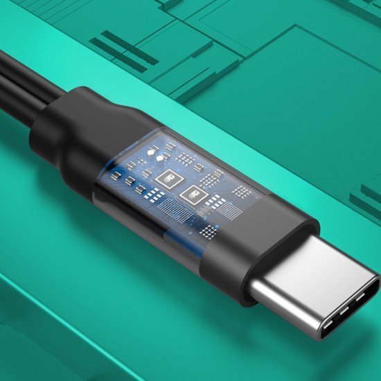 USB-C-kabel met transparante behuizing die interne elektronische componenten toont