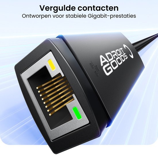 Close-up van een zwarte netwerkkabel met vergulde contacten en AdroitGoods logo