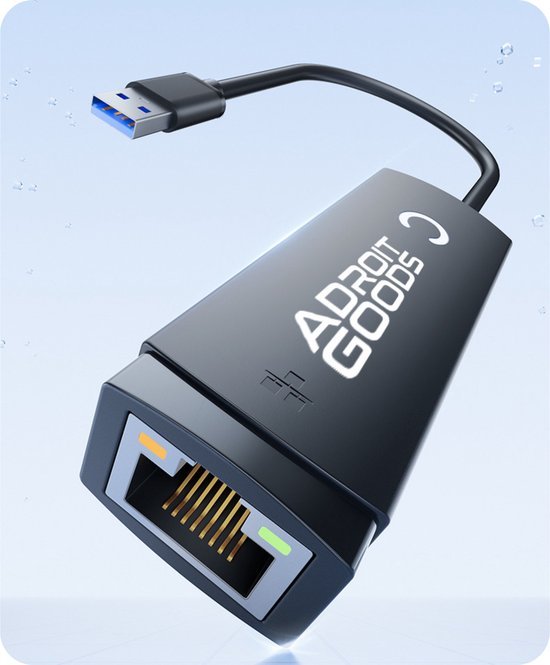 Zwarte AdroitGoods USB naar Ethernet adapter met blauwe USB 3.0 aansluiting en netwerkpoort