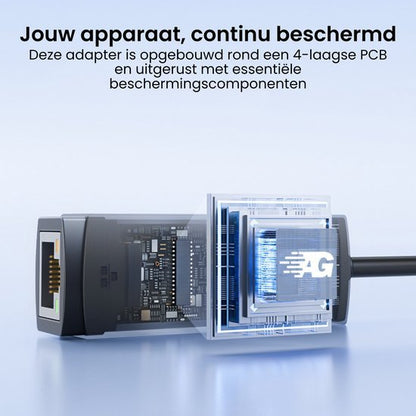 Zichtbare adapter met doorzichtige behuizing die interne lagen en beschermingscomponenten toont
