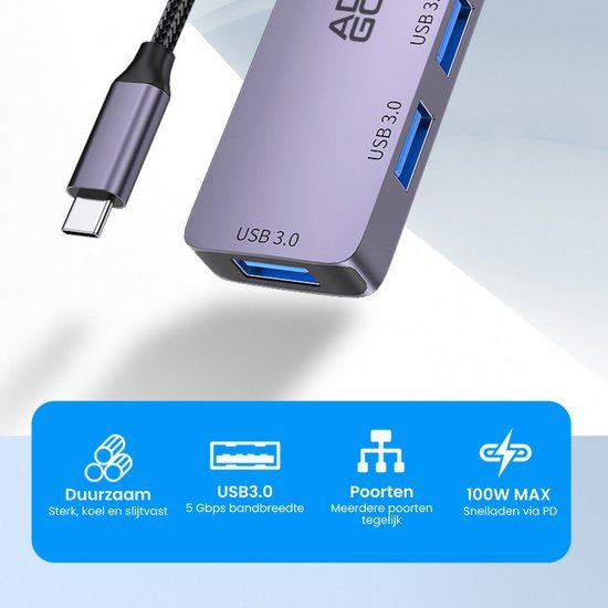 lila USB-C hub met meerdere USB 3.0 poorten en een duurzaam gevlochten kabel