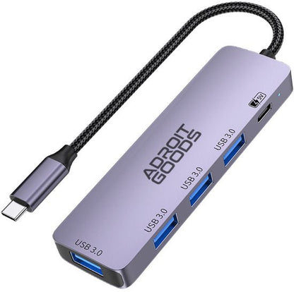 AdroitGoods USB-hub met vier USB 3.0 poorten en USB-C-kabel in zilvergrijze kleur