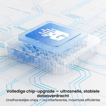 Duidelijke afbeelding van een transparante chip met 4G-logo en verbonden datasporen voor snelle overdracht