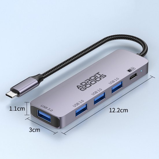 usb hub met drie usb 3.0 poorten en een type-c kabel in grijze behuizing