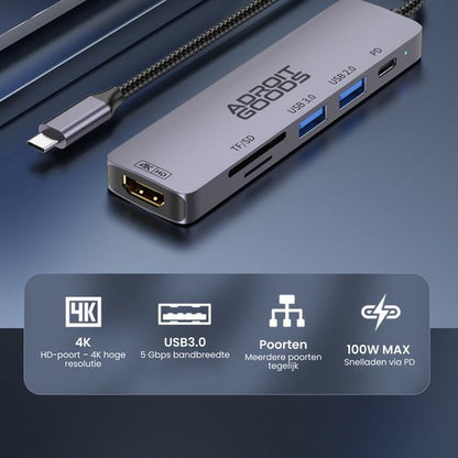 Grijze multifunctionele hub met 4K HDMI, USB 3.0, TF/SD-kaartlezers en PD oplaadpoort
