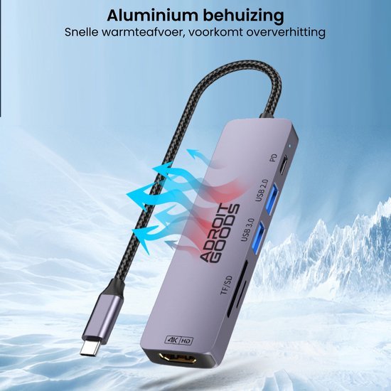 Grijze aluminium adapter met meerdere poorten en warmteafvoer voor efficiënte koeling