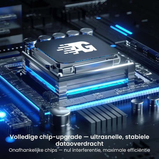 Nabije opname van een geavanceerde computerchip met blauwe LED-verlichting en technische details.