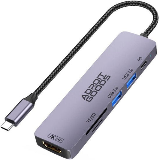 grijze AdroitGoods hub met USB-C kabel, HDMI aansluiting en meerdere poorten voor data en stroom