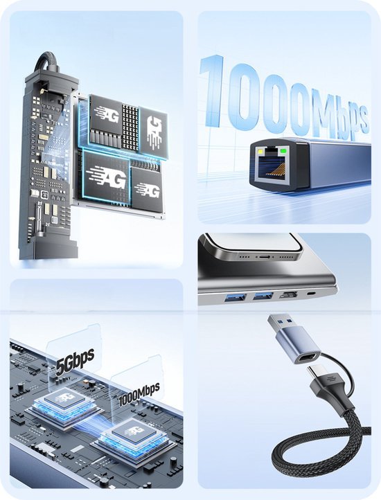 Close-up van een netwerkadapter, kabel en snelheden van 1000 Mbps en 5 Gbps weergegeven op een moederbord.
