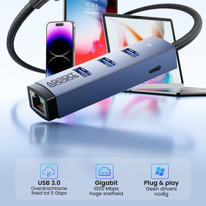 Blauwe USB-hub met meerdere poorten en kabel, aangesloten op smartphone en tablet