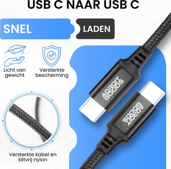 Snellaad USB-C naar USB-C kabel met versterkte bescherming en nylon kabel