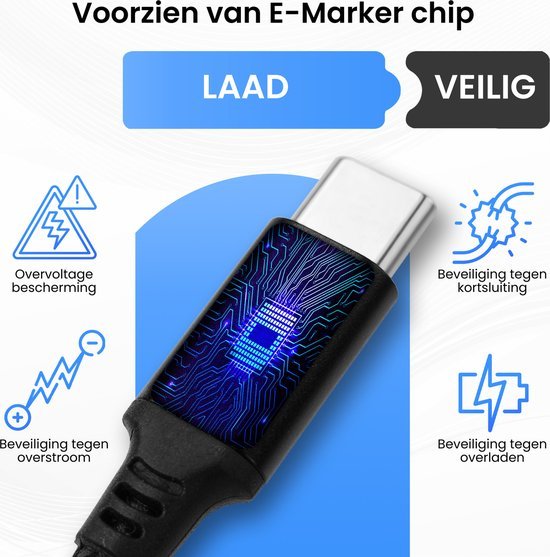 USB-C kabel met E-Marker chip voor veilig laden en bescherming tegen overbelasting